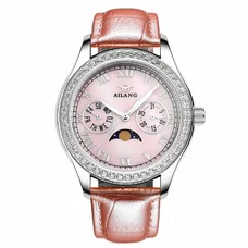 AILANG Diamond Ladies Moonphase Pink Analog Dial Watches Womens Leather Band Day Date Watch