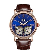 AILANG Luxury Brand Watches Automatic Mechanical Mens Watch Tourbillon Waterproof Double Calendar Blue Leather