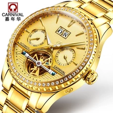 CARNIVAL Luxury Gold Business Mens Watches Top brand Automatic Watch men Tourbillon Complete calender Luminous Mechanical watch
