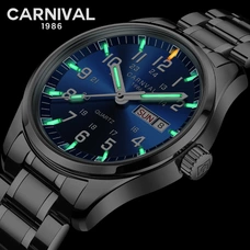 CARNIVAL New Fashion Tritium gas Self Luminous watch men Watches top brand luxury Quartz Wristwatch Week date Relogio masculino