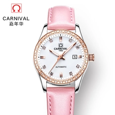 Relogio femenino CARNIVAL High End Automatic Watch Women Calendar Waterproof Sapphire Glass Leather Strap Luminous Women Watches