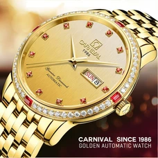 CARNIVAL Luxury Gold Watch Top Brand Automatic Watch Men Calendar Week display Sapphire Artificial Gemstone mechanical watches