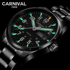 CARNIVAL 25 years Tritium Self Luminous Quartz Men's Watches Top brand full black Watch men with Swiss movement Week Calendar