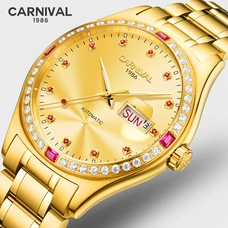 Luxury Gold Mechanical Watches CARNIVAL High end Automatic Watch Men MIYOTA Movement Calendar Week Sapphire Luminous Full Steel