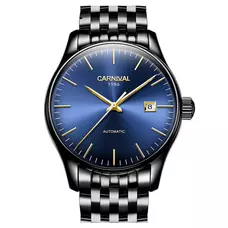 CARNIVAL Mens Automatic Watch Full Black Stainless Steel Case Blue Dial Date Mechanical Waterproof Watches