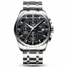 Mens Business Multifunction Steel Watchband Triple Windows Automatic Mechanical Watch Wristwatch - silver bezel black dial Mens Business Multifunction Steel Watchband Triple Windows Automatic Mechanical Watch Wristwatch - silver bezel black dial