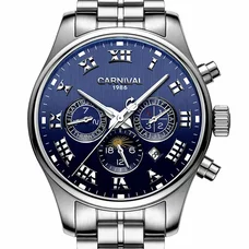 Mens Business Multifunction Moon Phase Dial Steel Watchband Automatic Self-Wind Mechanical Watch Wristwatch - silver bezel blue dial Mens Business Multifunction Moon Phase Dial Steel Watchband Automatic Self-Wind Mechanical Watch Wristwatch - silver bezel blue dial