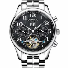 Mens Business Multifunction Holllow-out Dial Steel Watchband Automatic Self-Wind Mechanical Watch Wristwatch - silver bezel black di Mens Business Multifunction Holllow-out Dial Steel Watchband Automatic Self-Wind Mechanical Watch Wristwatch - silver bezel black di