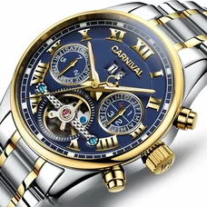 Carnival Men's Watch Automatic Mechanical Tourbillon Stainless Stell Date Blue Dial Skeleton Watch