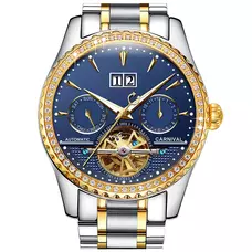 Carnival Men's Watch Automatic Mechanical Tourbillon Stainless Stell Date Blue Dial Diamond Watches