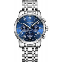 Carnival Men's Tritium Luminous Watch Automatic Mechanical Tourbillon Date Blue Dial Skeleton Watch