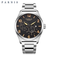 2017 Newly Issue 44mm Parnis Watch Mens Stainless Steel Automatic Watch Mechanical Wristwatch Mesh Strap Luminous 12/24 Hours