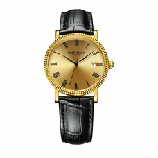 Reef Tiger Designer Dress Watches for Men Yellow Gold Case Leather Strap Date Automatic Watch RGA163