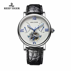 Reef Tiger Men's Tourbillon Watch Date Day Steel Alligator Strap Luminous Watches RGA191