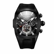 Reef Tiger Men's Sport Watches Black Steel Tourbillon Rubber Strap Automatic Watch RGA3069