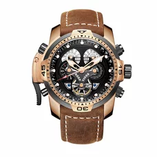 Reef Tiger Military Watches for Men Leather Strap Sport Watch Complicated Automatic Watches RGA3503