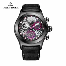 Reef Tiger Unique Black Wrist Watch with Date Skeleton Dial Chronograph RGA792