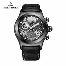 Reef Tiger Chronograph Sport Watch with Date Black Steel Skeleton Dial Luminous Watches RGA792