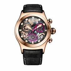 Reef Tiger Luminous Skeleton Watches Men's Rose Gold Sport Watches Leather Strap RGA792