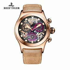 Reef Tiger Luminous Skeleton Watches Men's Rose Gold Sport Watches Leather Strap RGA792