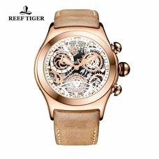 Reef Tiger Luminous Skeleton Watches Men's Rose Gold Sport Watches Leather Strap RGA792