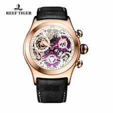 Reef Tiger Luminous Skeleton Watches Men's Rose Gold Sport Watches Leather Strap RGA792