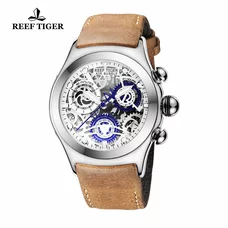 Reef Tiger Skeleton Sport Watches Mens Stainless Steel Luminous Watches with Date RGA792