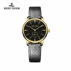 Reef Tiger Couple Watches for Women Ultra Thin Yellow Gold Black Dial Leather Strap Watch RGA820