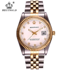 REGINALD Unisex Elegant Crystal Roman Dial with Gold Gear Bezel Women Men Waterproof Analog Quartz Watch RE-188-DZWT