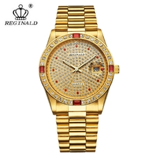 REGINALD Unisex Luxury Watches Diamonds Dial Calendar Quartz Gold Tone Stainless Steel Watch RE-188MZ