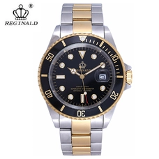 REGINALD Men Luminous Watch Unidirectional Rotation Bezel Blue Dial Gold Steel Waterproof Quartz Watch RE-226BKGD