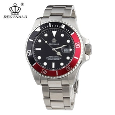 REGINALD Men's Watch Luminous Quartz Rotatable Bezel Sapphire Glass Silver Stainless Steel Band and Case Waterproof Sports Black Watch RE-226BKRD