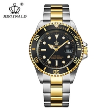 REGINALD Mens Sapphire Mirror Rotatable Bezel Luminous Gold-Plated Band Quartz Waterproof Watch Black RE-226GD
