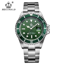REGINALD Mens Green Dial Rotatable Bezel Sapphire Glass Luminous Quartz Silver Stainless Steel Watch RE-226GN