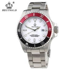 REGINALD Mens White Dial Black And Red Rotatable Bezel Sapphire Glass Luminous Quartz Silver Stainless Steel Watch RE-226WHRDBK