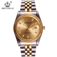 REGINALD Unisex Elegant Crystal Roman Dial with Gold Gear Bezel Women Men Waterproof Analog Quartz Watch RE-188DZGD